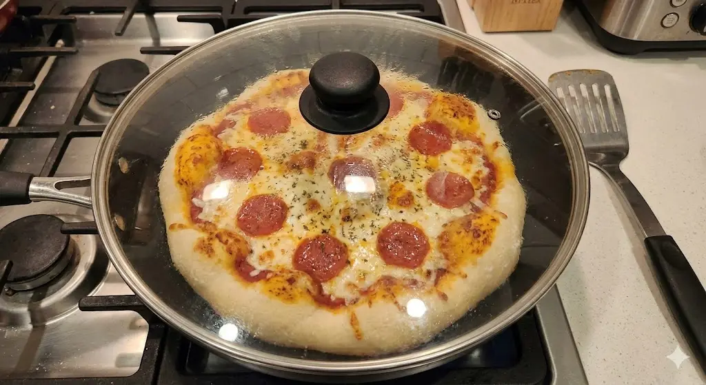 Процес приготування піци на майонезі на сковороді під кришкою, видно тісто та начинку