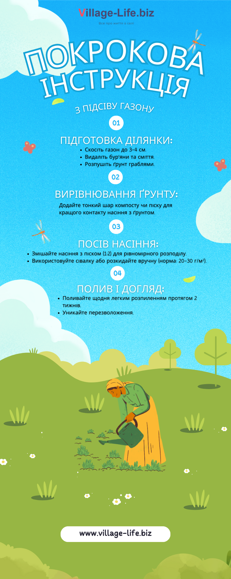інфографіка Покрокова інструкція з підсіву газону