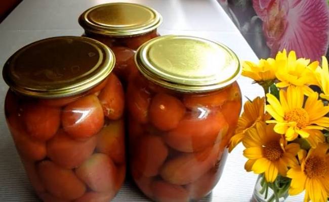 Рецепт солодких помідорів сорту Вершки в літрових банках із яблучним оцтом