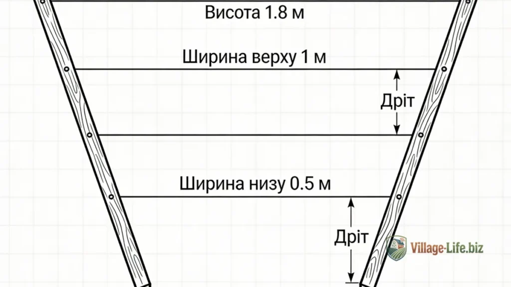 Схема V-подібної шпалери для малини з розмірами