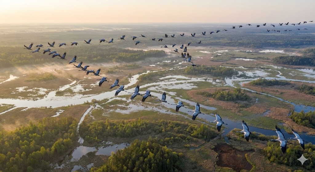 Зграя сірих журавлів під час міграції