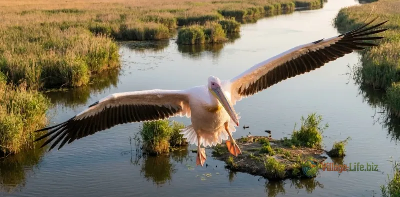 Пелікан рожевий у польоті над дельтою Дунаю з розпростертими крилами