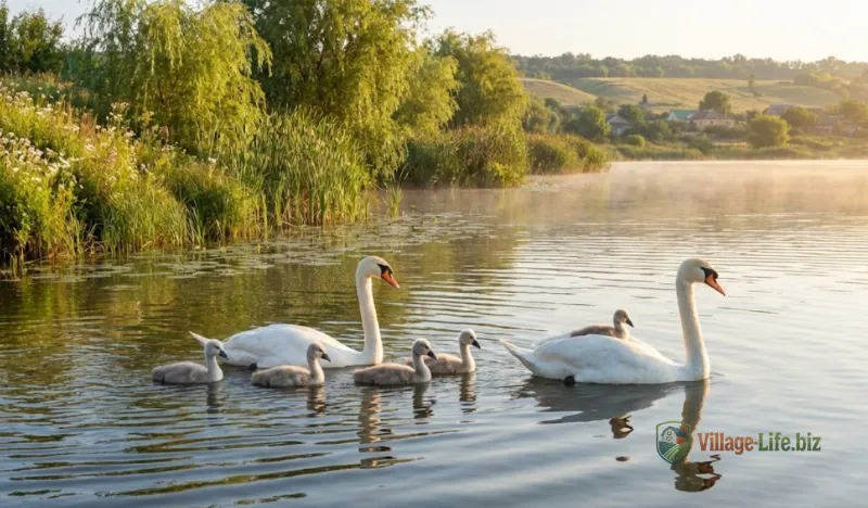 Сім'я лебедів-шипунів з пташенятами на озері
