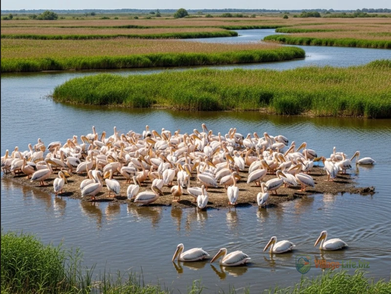Панорама дельти Дунаю з колонією пеліканів
