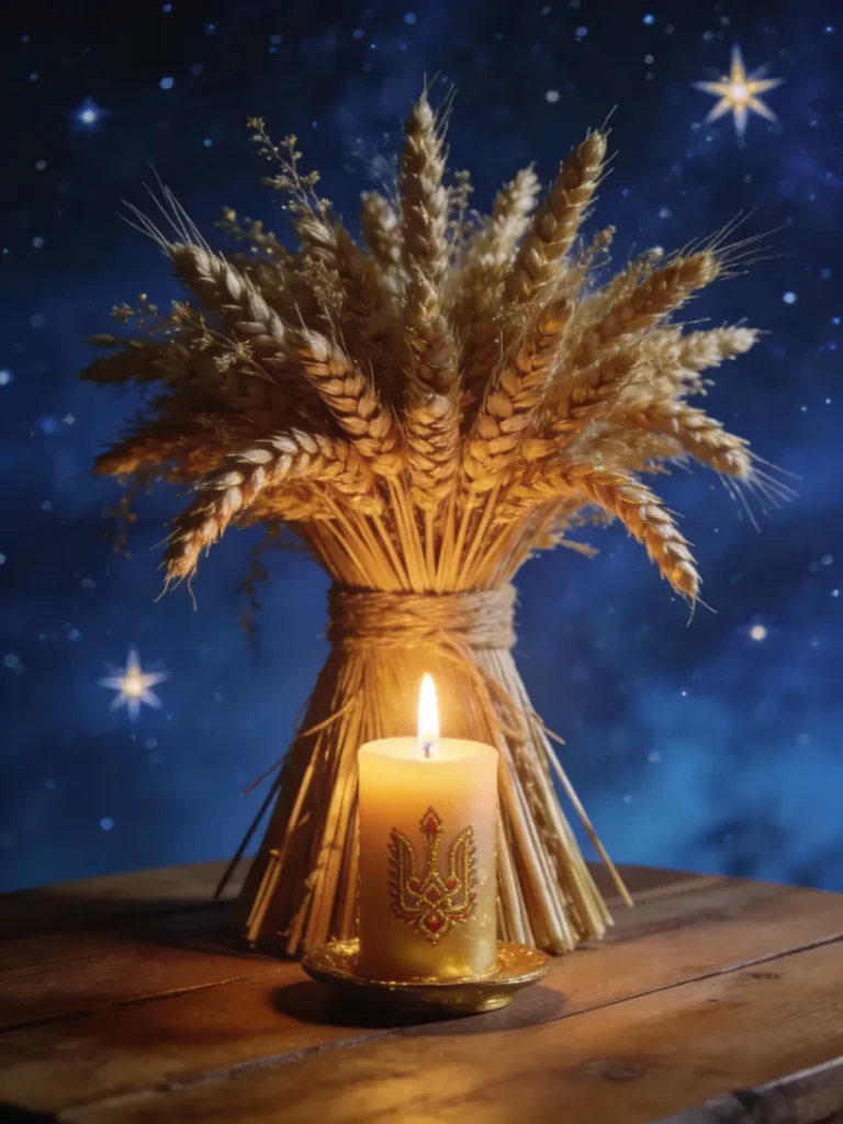 Сучасна українська різдвяна листівка: Дідух як символ роду та свічка надії.
