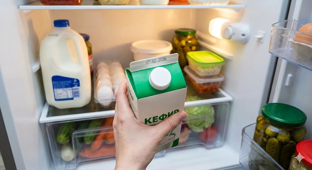 Пакет кефіру в холодильнику серед інших продуктів — перевірка дати перед використанням.