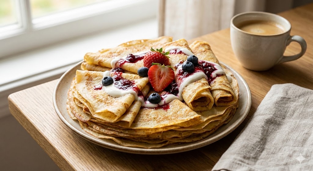 Стопка тонких млинців на кефірі на тарілці — готова страва для сніданку