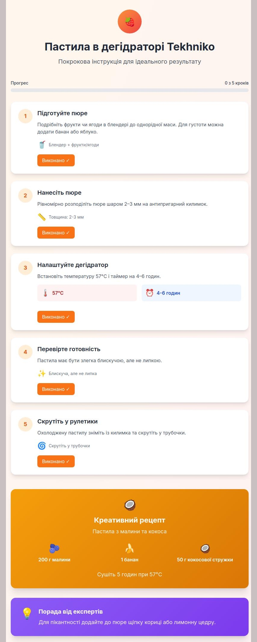 Інфографіка приготування пастили в дегідраторі Tekhniko