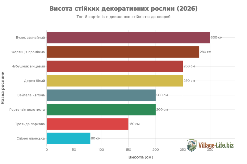 Порівняльна діаграма висоти найпопулярніших стійких до хвороб декоративних рослин 2026 року