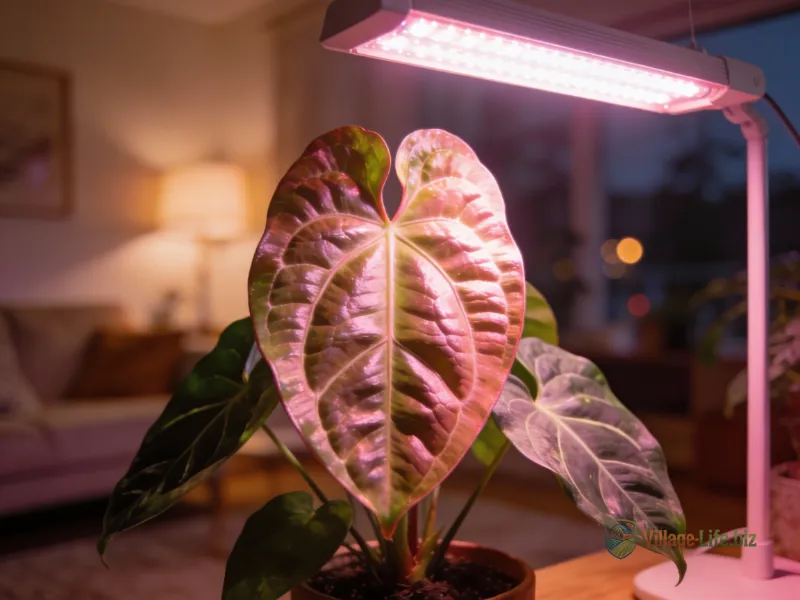 Фото рослини під фітолампою (grow light) ввечері. Сучасний догляд за рослинами взимку. Технологічний, але затишний вигляд