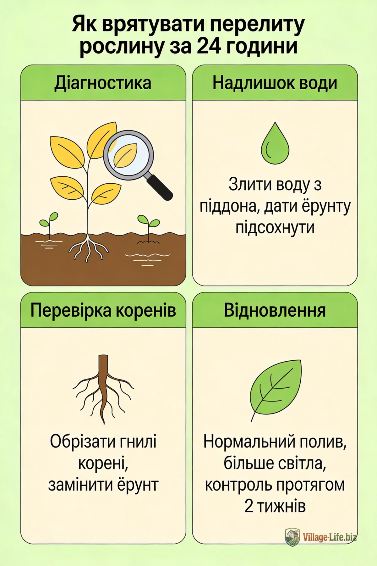 Інфографіка «Як врятувати перелиту рослину за 24 години»: діагностика, видалення води, перевірка коренів, пересадка і догляд.