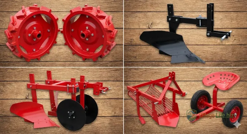 Колаж з різних видів навісного обладнання для мотоблока (плуг, окучник, картоплекопачка, адаптер)