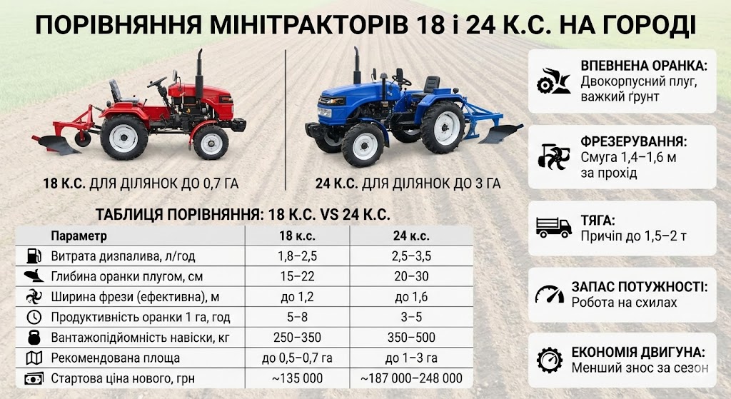 порівняння мінітракторів 18 і 24 к.с. на городі
