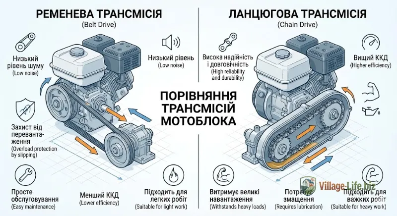 різниця між ременевою та ланцюговою трансмісією мотоблока