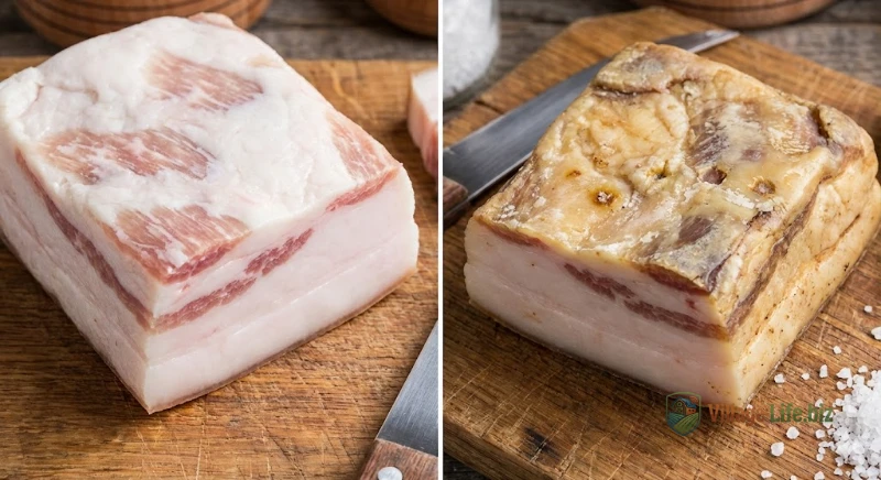 Свіже біле сало та окислене жовте сало із ознаками псування для ілюстрації термінів зберігання