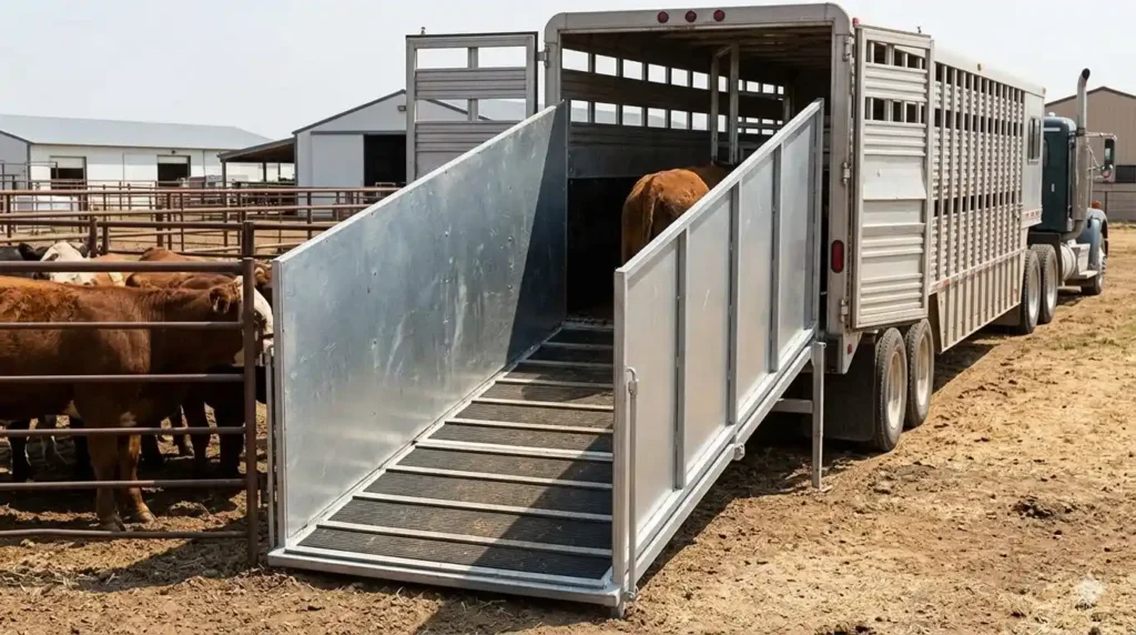 Photo of a loading ramp attached to a cattle trailer