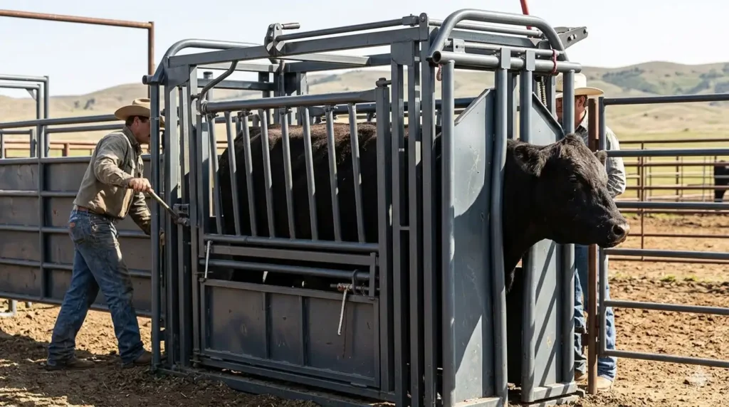 Photo of a squeeze chute in use on a working ranch