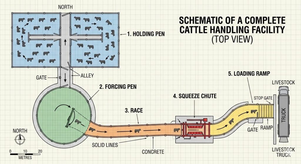 Top-view diagram of a complete cattle yard layout with labeled zones