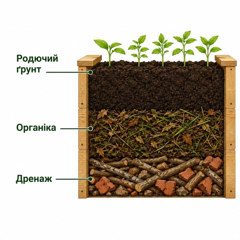 Шари високої грядки: дренаж, органіка, родючий ґрунт