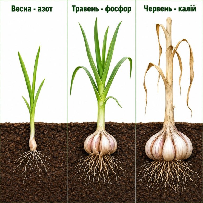 Схема підживлення часнику: весна азот, травень фосфор, червень калій