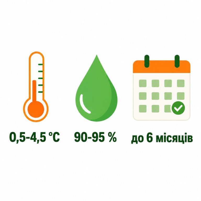 Умови зберігання моркви в погребі: 0,5-4,5 °C, вологість 90-95%, до 6 місяців