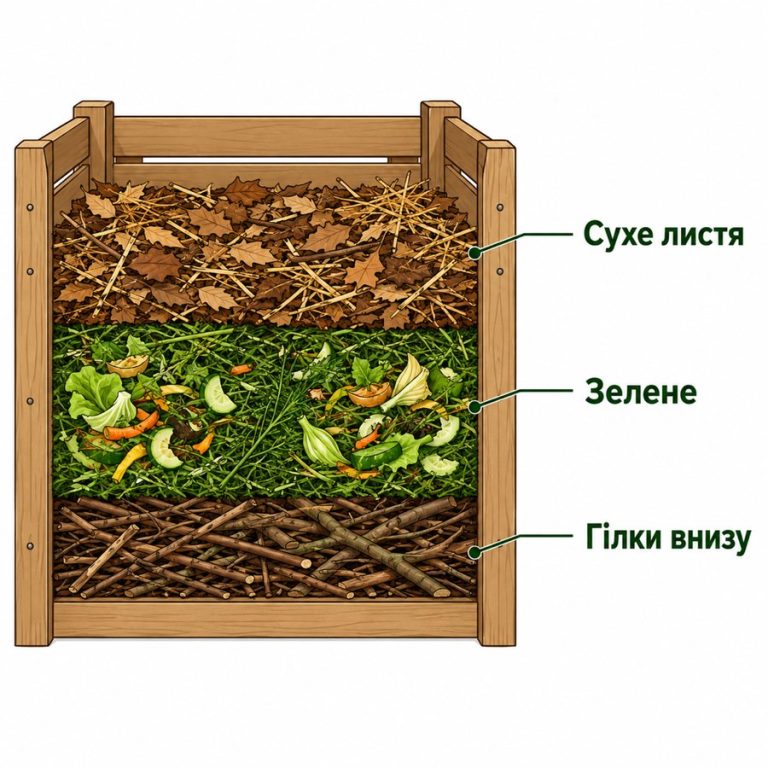 Шари компостної купи: гілки внизу, зелена маса, сухе листя зверху